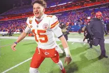  ?? JEFFREY T. BARNES/ASSOCIATED PRESS ?? Kansas City Chiefs quarterbac­k Patrick Mahomes (15) reacts after beating the Buffalo Bills in an NFL AFC division playoff football game on Sunday in Orchard Park, N.Y.