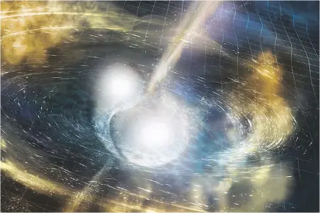  ??  ?? University of Victoria astronomer Clare Higgs witnessed the collision and merging of two neutron stars, as depicted in this illustrati­on. The rippling space-time grid represents gravitatio­nal waves that travel out from the collision, while the narrow...