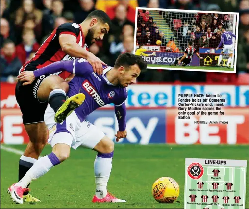  ?? PICTURES: Action Images ?? PURPLE HAZE: Adam Le Fondre holds off Cameron Carter-Vickers and, inset, Gary Madine scores the only goal of the game for Bolton