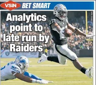  ??  ?? MOVING THE BALL: Josh Jacobs scores in a win over the Lions last week. A 4-4 record and some key analytical numbers vs. a brutal schedule are indicators the Raiders will have success against a less-difficult slate in the second half of the season.
