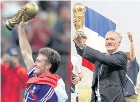  ??  ?? Deschamps lifts the Fifa trophy as player in 1998, left, and as coach this month.