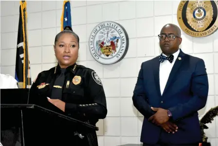  ?? (Pine Bluff Commercial/I.C. Murrell) ?? Pine Bluff Police Chief Denise Richardson fields a question from a concerned community member as Sgt. Deshawn Bennett looks on during a Friday news conference in the Police Department lobby.