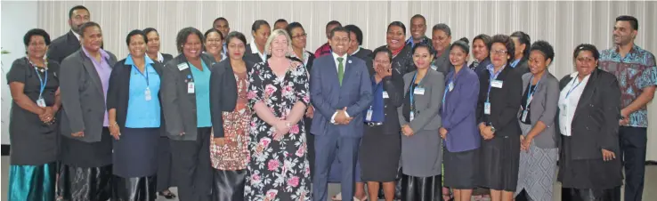  ?? Photo: Simione Haravanua ?? Supervisor of Elections Mohammed Saneem with the trainees August 16, 2018, during the voter services centre training programme at Suvavou House on.