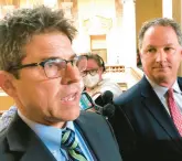  ?? TOM DAVIES/AP ?? Indiana Senate President Pro Tem Rodric Bray, R-Martinsvil­le, left, speaks with reporters alongside Indiana House Speaker Todd Huston, R-Fishers, at the Statehouse in Indianapol­is on May 24.