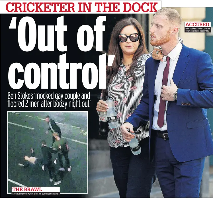  ??  ?? Stokes in green T-shirt after his punch connected Ben Stokes &amp; wife Clare at court in Bristol yesterday