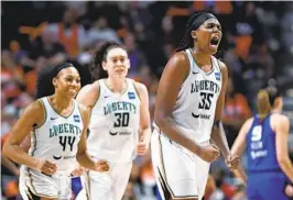  ?? JESSICA HILL AP ?? New York Liberty forward Jonquel Jones (35) reacts during the second half of Game 4 of a WNBA basketball semifinal playoff series against Connecticu­t.