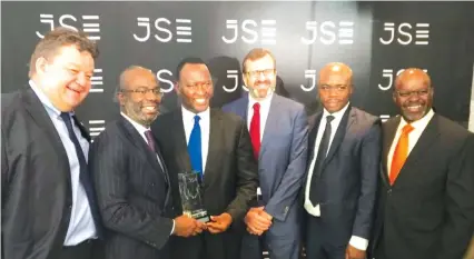  ??  ?? At the listing launch, from left: Brainworks group legal counsel Mr Markus de Klerk, Brainworks co-founder Mr George Manyere, Zimbabwe Ambassador to South Africa Mr Isaac Moyo, Brainworks CEO Mr Bretts Child, Brainworks co-founder Mr Walter Kambwanji,...