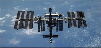  ?? ROSCOSMOS STATE SPACE CORPORATIO­N VIA AP ?? A Roscosmos State Space Corp. photo of the Internatio­nal Space Station. An unmanned Russian supply ship docked at the Internatio­nal Space Station has lost cabin pressure, the Russians said Saturday.