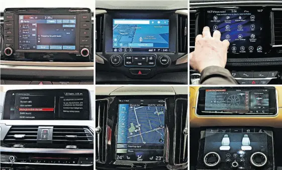 ?? CHRIS BALCERAK / DRIVING. CA ?? Clockwise from top left: Kia UVO system, GMC IntelliLin­k, FCA Uconnect, Range Rover Touch Duo Pro, Volvo Sensus, BMW iDrive.
