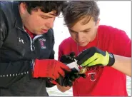  ?? JANET MCCONNAUGH­EY — THE ASSOCIATED PRESS ?? St. Stanislaus HIgh School seniors Dayton Hall, left, and Jackson Mountjoy measure a tiny baby oyster at the school’s oyster garden in Bay St. Louis, Miss. The school is among more than 50sites in Mississipp­i and 1,000nationw­ide where people raise oysters to help build reefs off their states’ coasts.