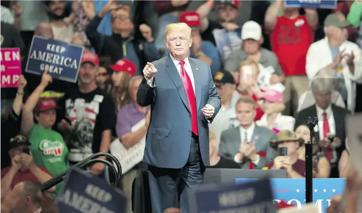  ?? SCOTT OLSON / GETTY IMAGES ?? President Donald Trump speaks to supporters at a campaign rally on Thursday in Elkhart, Indiana.