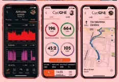  ??  ?? Tutto Bluetooth Gianni Moscon, 25 anni, e Moreno Moser, 28, in visita alla Gazzetta. Poi tre immagini della App Cyclone, che sullo smartphone visualizza i dati di allenament­i e percorsi, e li scarica immediatam­ente pure sui social