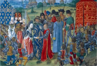  ??  ?? 28 juillet 1393 – Le Bal des Ardents ; miniature extraite des
Chroniques
de Jehan Froissart
(xve siècle). 4 novembre 1337 – Le roi Charles VI remet sa fille Isabelle de France à Richard II d’Angleterre, devant l’Assemblée des seigneurs français et anglais ; miniature extraite des Chroniques de Jehan Froissart (xve siècle).