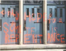  ?? JAKE BUHLER ?? St. Andrew’s College at the University of Saskatchew­an, along with
Mcclure United Church and Grosvenor Park United Church were vandalized on the weekend with homophobic messages.