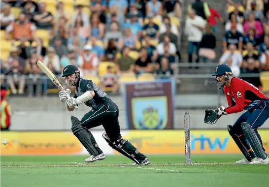  ?? GETTY IMAGES ?? Black Caps skipper Kane Williamson sends another shot to the boundary during his innings of 72 during Tuesday night’s Twenty20 tri-series match against England at Westpac Stadium in Wellingtio­n.