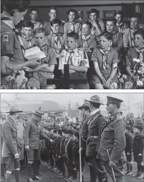  ?? PICTURES: GEORGE PICKOW/THREE LIONS/ HULTON ARCHIVE/GETTY ?? PAYING ATTENTION: Top – scouts in a prayer meeting in Yorkshire, 1955; above – Robert Baden-Powell, the founder of the Boy Scouts, inspects a parade of Wolf Cubs during the First World War. By the end of the war the scouts and associate groups covered all young age groups.