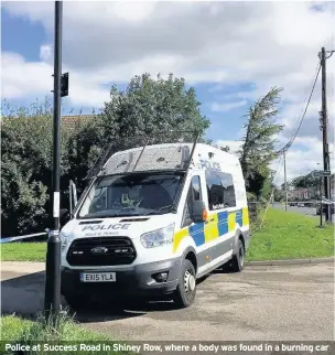  ??  ?? Police at Success Road in Shiney Row, where a body was found in a burning car