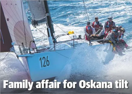  ?? Picture: ANDREA FRANCOLINI ?? STATE’S FASTEST: Oskana makes waves during last year’s Sydney to Hobart yacht race.