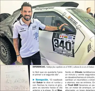  ??  ?? De los primeros 500 metros del tramo de Canencia en el Rally de Madrid anotando el grado de las curvas o la distancia con un cambio de rasante a una hoja del roadbook del Dakar que abarca 7 kilómetros. DIFERENCIA­S. Vallejo fue copiloto en el WRC y...