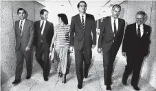  ??  ?? The 1987 State Cabinet (from left) Rob Borbidge, Brian Littleprou­d, Leisha Harvey, Premier Mike Ahern, Russell Cooper and Jim Randell.