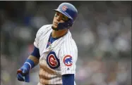  ?? PAUL BEATY - THE ASSOCIATED PRESS ?? Chicago Cubs’ Javier Baez reacts after being forced out at first base during the fifth inning of a baseball game against the Milwaukee Brewers, Sunday, Sept. 1, 2019, in Chicago.