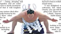  ??  ?? Kisenosato Yutaka wipes away tears during his retirement press conference yesterday. Below, sumo grand champion Hakuho Sho of Mongolia