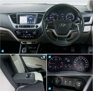  ??  ?? 1. The Verna’s dash looks rather European. Flowing lines and lots of stowage options as well. The Verna also offers more features than the other two cars here. 2. Rear seat squabs form an angle as compared to being flat. 3. IP is where the Verna could have done better. 4. Multiple connectivi­ty options available on the Verna. 5. Rear AC vents have now become a standard feature on these cars. 6. Slick 6-speed gearbox is easy to use and the clutch is light too