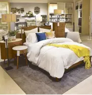  ??  ?? The clean lines of a West Elm bed and side tables with a hint of retro