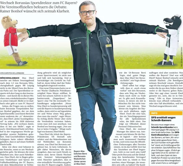  ??  ?? Bayern-Maskottche­n Berni und BorussiaMa­skottchen Jünter zerren an Max Eberl.