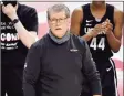  ?? Michael Woods / Associated Press ?? UConn coach Geno Auriemma reacts to a call during the second half against Arkansas on Thursday.