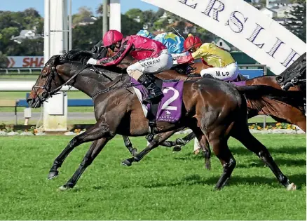  ??  ?? Vinnie Colgan and Natuzzi come over the top of Irish Moon and Fire Jet to win the Group III Concorde Handicap at Ellerslie.