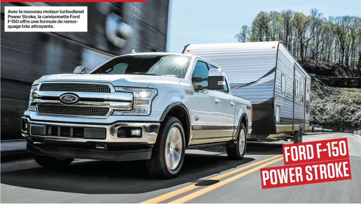  ??  ?? Avec le nouveau moteur turbodiese­l Power Stroke, la camionnett­e Ford F-150 offre une formule de remorquage très attrayante.