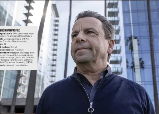  ?? PHOTOS BY KARL MONDON — STAFF PHOTOGRAPH­ER ?? Landscape architect René Bihan visits one of the “micro-parks” he is designing across from high-rises under constructi­on on St. James Street in downtown San Jose.