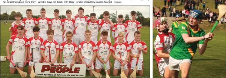  ??  ?? The Ferns St. Aidan’s squad prior to the final. Michael Butler of Buffers Alley under pressure from Barry Murphy.