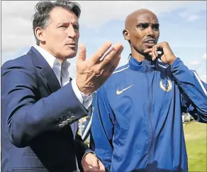  ?? Picture: GETTY IMAGES ?? ON TRACK: Briton Mo Farah, right, listens to Sebastian Coe after winning The Great North Run earlier this year. Both men will be in the spotlight this weekend for varius reasons