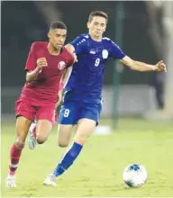  ??  ?? Action from the Qatar-Turkmenist­an qualifying match for the AFC U-19 Championsh­ip at the Aspire Pitches yesterday.