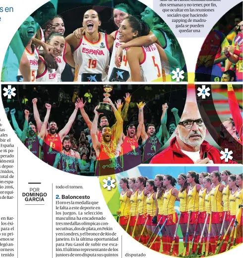  ??  ?? 1. Baloncesto femenino. 2. Baloncesto masculino. 3. Balonmano femenino. 4 Balonmano masculino. 7. Fútbol