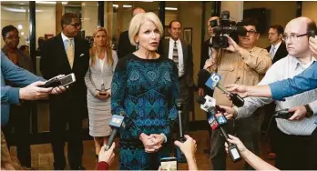  ?? David Woo / The Dallas Morning News file ?? Dallas County District Attorney Susan Hawk, shown at a 2015 news conference outside of her office in Dallas, has spoken publicly about her battles with depression and anxiety. She resigned her office on Tuesday, a month after returning to work...