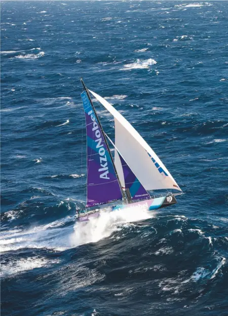  ??  ?? Akzonobel launches into big seas at the start of the Lisbon to Cape Town leg of the 2017/18 Volvo Ocean Race