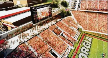 ?? CONTRIBUTE­D ?? A rendering of a renovated West End of Sanford Stadium, showing a new video board and new upper plaza. UGA will also utilize new paint and cutting-edge graphics to bring life to other areas of the stadium.