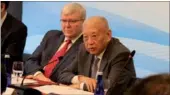  ?? AMY HE / CHINA DAILY ?? Tung Chee-hwa (right), former chief executive of the Hong Kong Special Administra­tive Region, gives remarks on Wednesday at the Asia Society in New York.