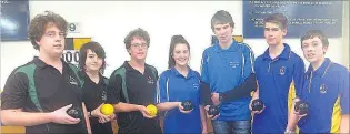  ?? PHOTO: ALISTAIR MCMURRAN ?? The future . . . Junior indoor bowlers (from left) Cameron Ellis, Caleb Angow, David Ellis (South Canterbury), Anna McCaughan, Scott Chittock (South Otago), Arie Bloemsaat and Bailey Marsden (Otago) compete at the Southern Districts championsh­ips in...
