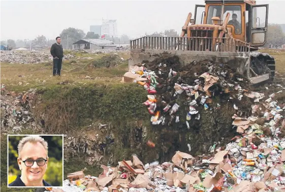  ??  ?? Melamine-tainted Sanlu products are pushed into a pond at a garbage dump in Wuhan in central China's Hubei province. INSET: YPB founder John Houston.