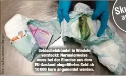  ??  ?? Geldschein­bündel in Windeln
versteckt: Normalerwe­ise muss bei der Einreise aus dem EU-Ausland eingeführt­es Geld ab 10 000 Euro angemeldet werden.