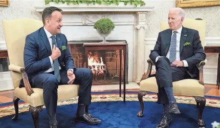  ?? EVAN VUCCI/AP ?? “We really want to profoundly thank you and America for your leadership in relation to Ukraine,” Leo Varadkar, Ireland’s prime minister, said Friday at the White House. “We’re going to roll out the red carpet” for when President Joe Biden visits Ireland, he said.