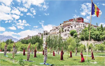  ?? PHOTO: PTI ?? ITBP personnel practise yoga at Thiksay Monastery to mark the 6th Internatio­nal Day of Yoga, in Ladakh on Sunday