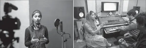  ??  ?? (Left) Singer Ginni Mahi during a recording session at a studio in Jalandhar. She is inspiratio­nal because of daring to defy ancient prejudices through her music. • (Right) Ginni Mahi (left) speaks with music director Amarjit Singh as she takes part in...