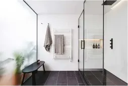  ??  ?? ABOVE Skylights in the adjoining walk-in closet bring ample light into the ensuite. Slate flooring from M2 Tile & Stone; shower system from Taps.