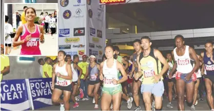  ?? (SUN.STAR FOTOS/ALLAN CUIZON.) ?? LEADERS. Christy Tutor (left) and Mary Joy Tabal (second from left) lead the elite runners in the 16K division of the St. Ignatius Run. Tabal got the title over Mary Grace delos Santos (inset), while Tutor got third place.