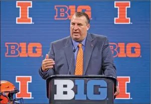  ?? Associated Press ?? Conference alliance?: In this July 22, 2021, file photo, Illinois head coach Bret Bielema speaks during an NCAA college football news conference at the Big Ten Conference media days at Lucas Oil Stadium in Indianapol­is. Illinois opens its season Aug. 28 against Nebraska. All eyes will be on new Illinois coach Bielema, who had a successful run at Wisconsin before leaving to become the head coach at Arkansas. Now he is back in the Big Ten.